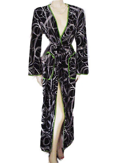 NEW - DIAMOND TEA SPRING & SUMMER SPANDEX WRAP-STYLE ROBE IN BLACK & WHITE SWIRL DESIGN WITH LUCITE GREEN TRIM