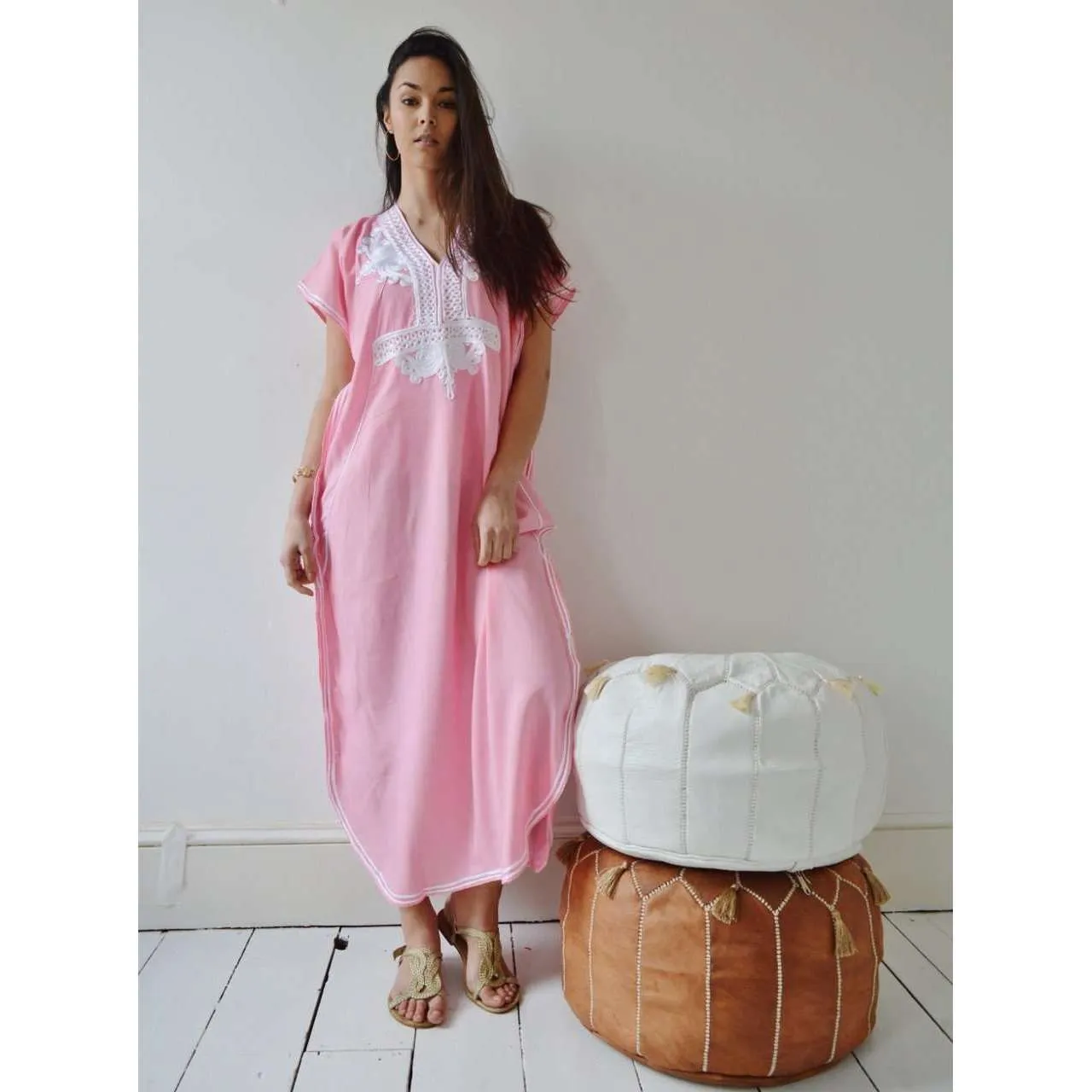 New Pink Marrakech Resort Lounge Wear Caftan Kaftan with White Embroidery-Moroccan Kaftan