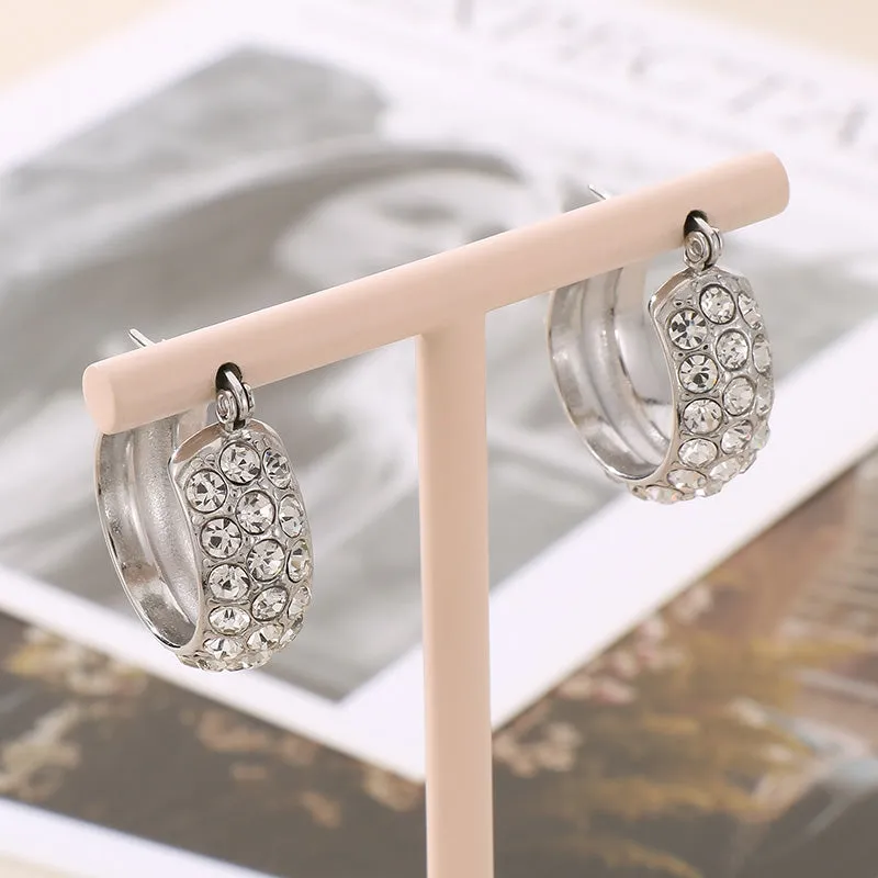 Pave Style Titanium Steel Rhinestone Hoop Earrings