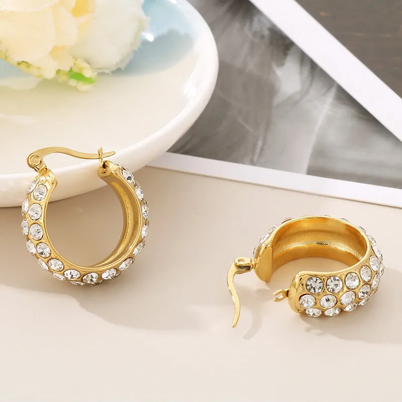 Pave Style Titanium Steel Rhinestone Hoop Earrings