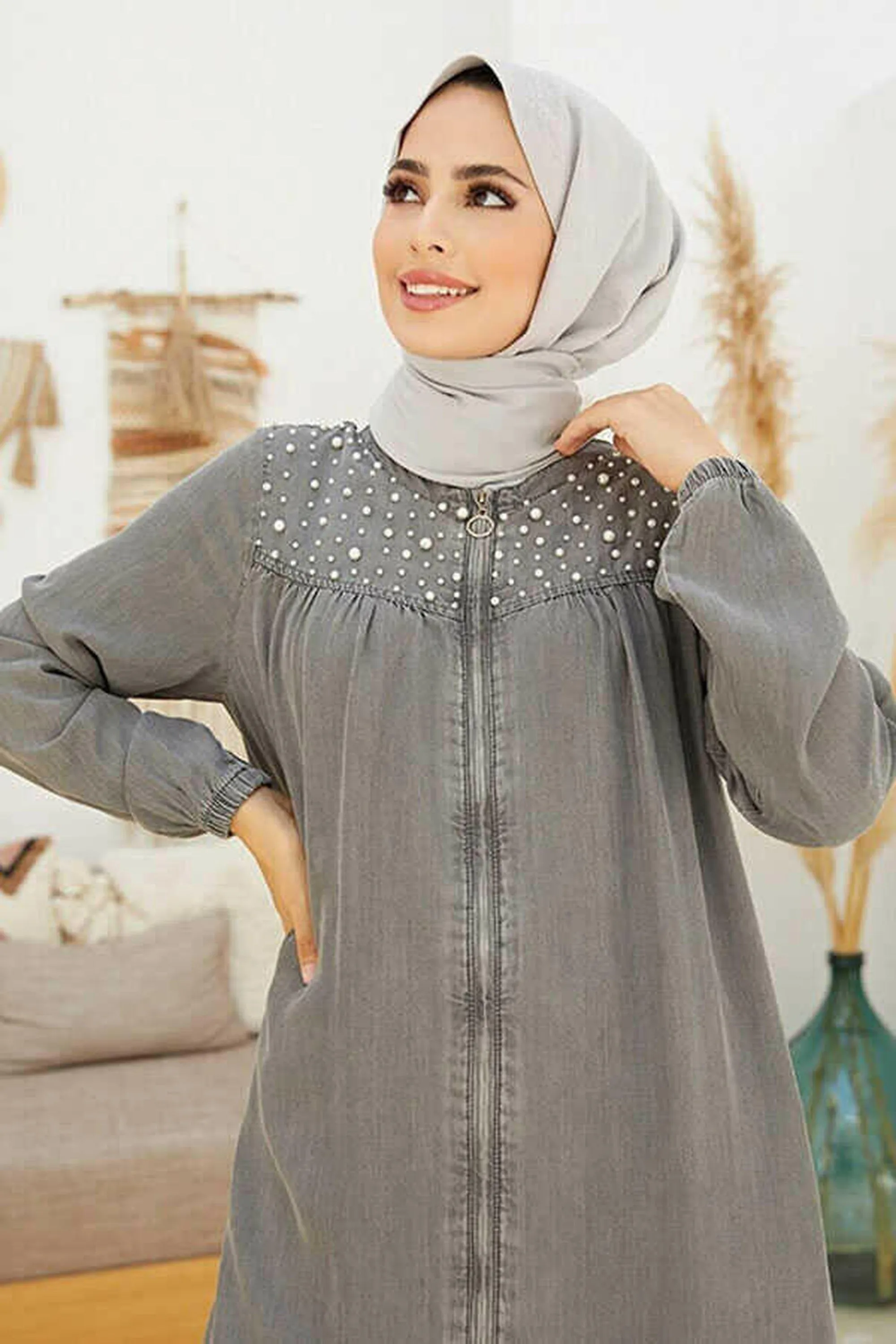 Pearl Decorated Muslim Abaya - Traditional Islamic Clothing for Women - Stylish Gray Abaya with Front Zipper