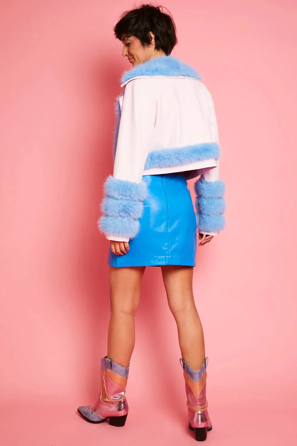 Pink Blue Faux Leather Faux Fur Biker Jacket