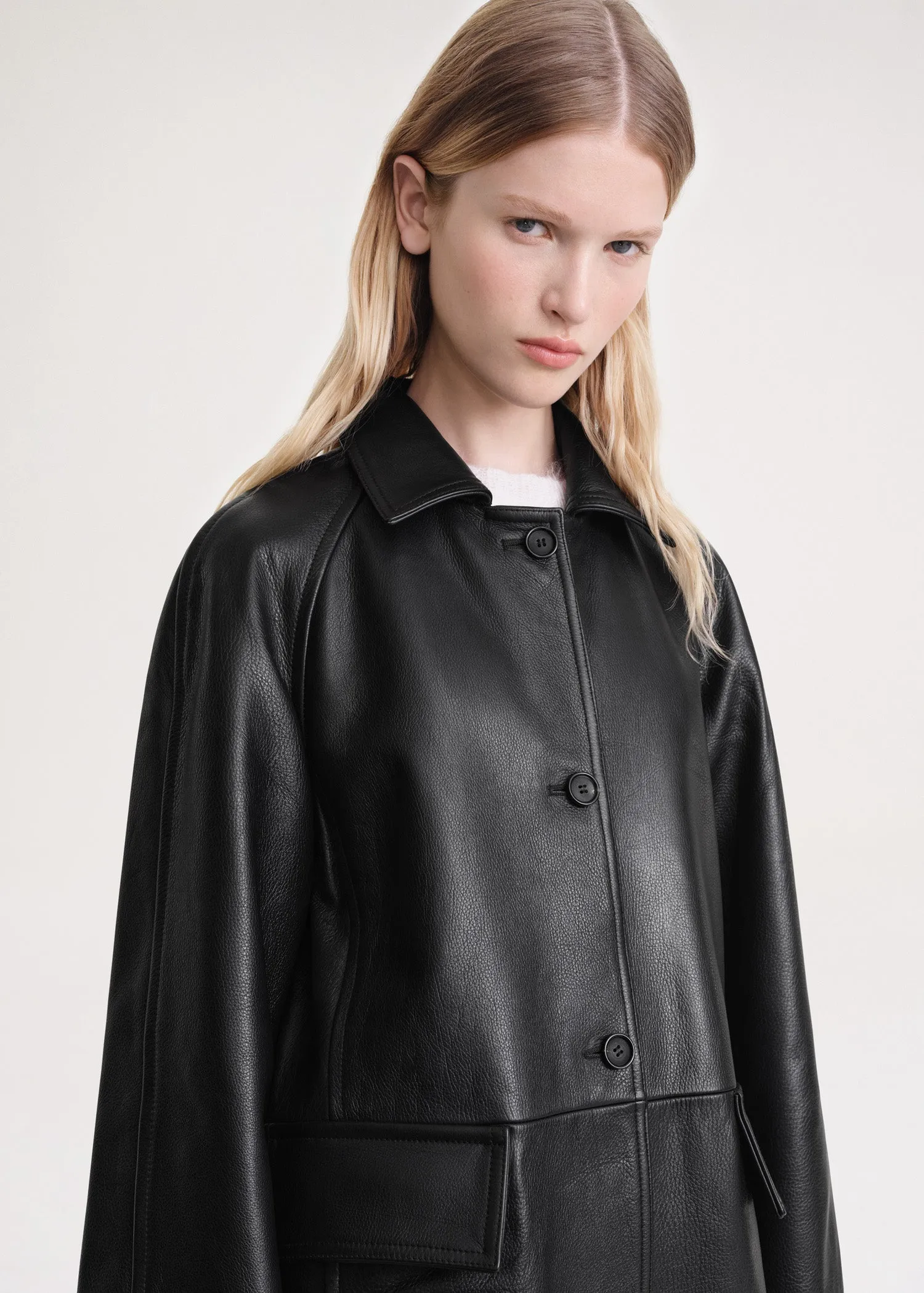 Raglan-sleeve leather coat black