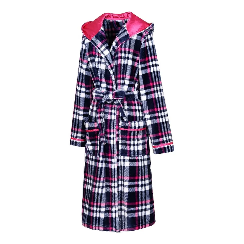 Richie House Women's Plaid Hooded Shawl Robe Sleepwear Dressing Bath Housecoat NRHW2714