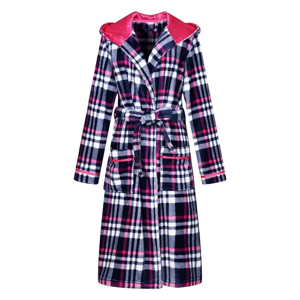 Richie House Women's Plaid Hooded Shawl Robe Sleepwear Dressing Bath Housecoat NRHW2714