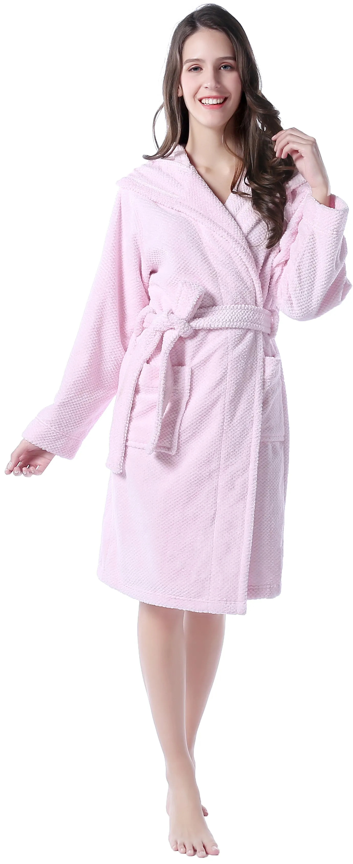 Richie House Women's Soft and Warm Pink Fleece Bathrobe with Cap RHW2764