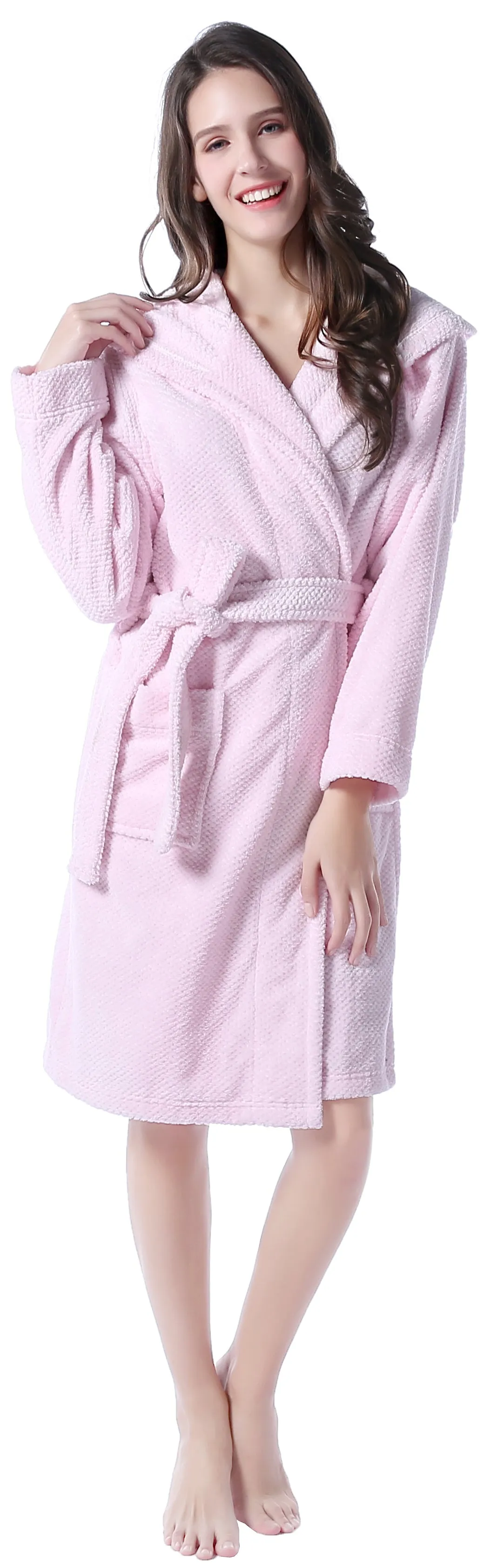 Richie House Women's Soft and Warm Pink Fleece Bathrobe with Cap RHW2764