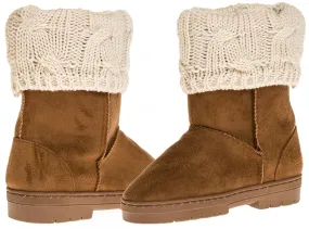 Sara Z Girl's Suede Lug Sole Winter Boot With Fold-Over Sweater Cuff (Cognac), Size 11-12