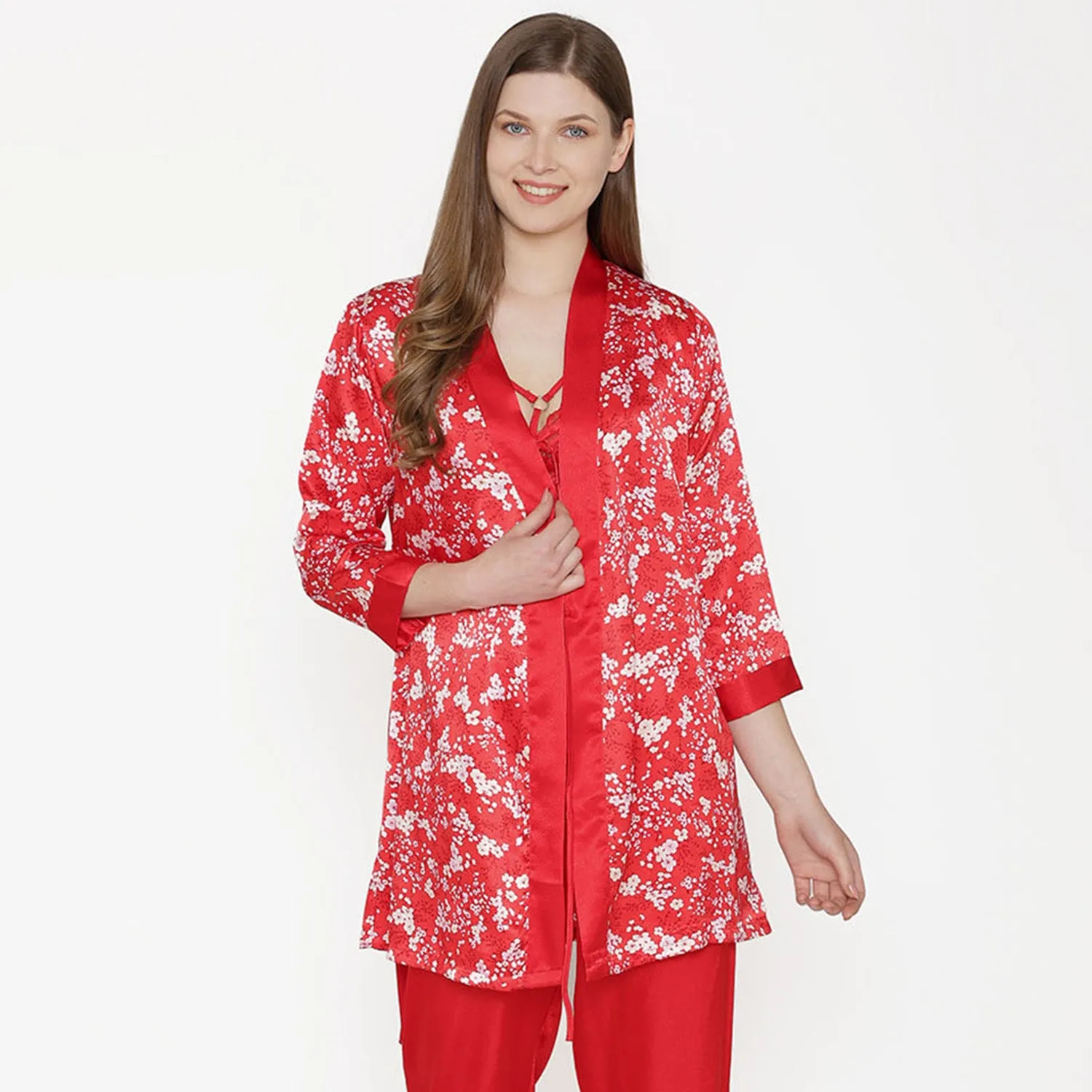 Satin Night suit with Floral Robe