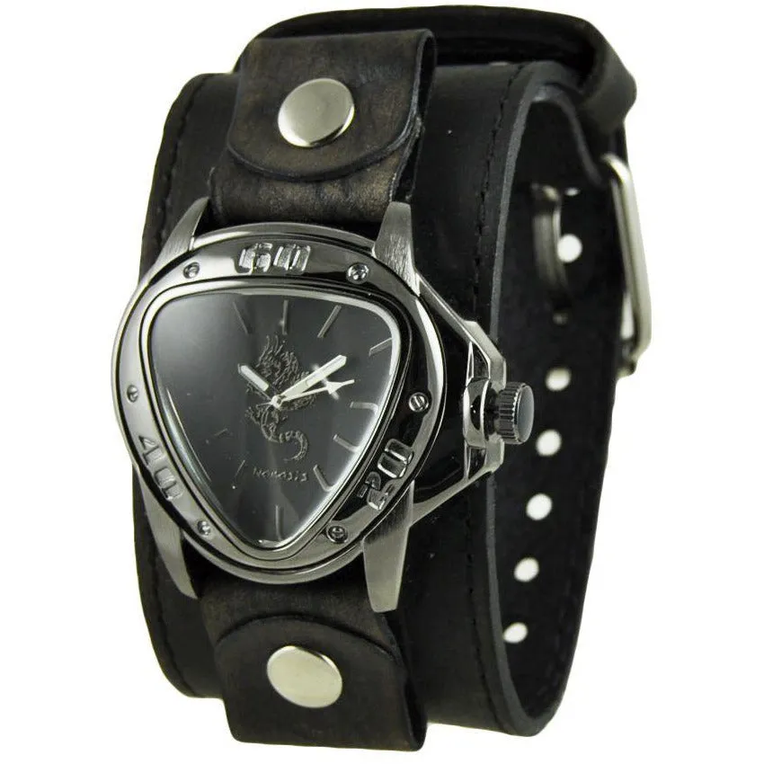 Silver Dragon Gunmetal Black Watch with Perforated Distressed Black Leather Cuff