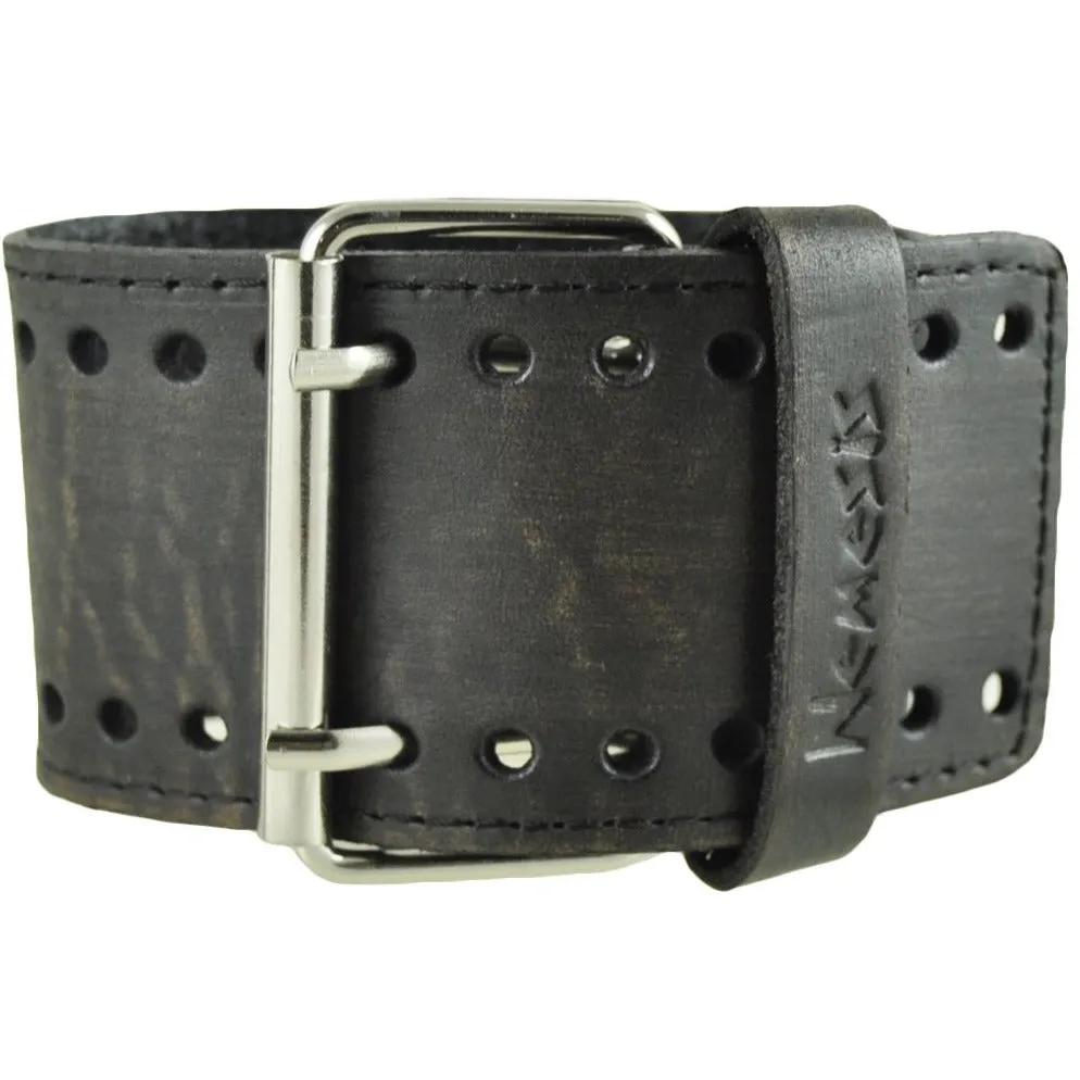 Silver Dragon Gunmetal Black Watch with Perforated Distressed Black Leather Cuff