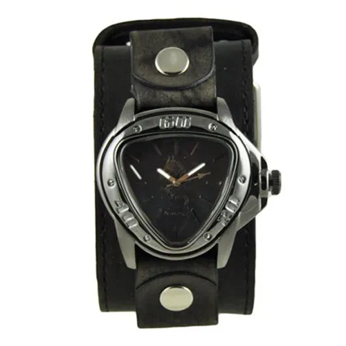 Silver Dragon Gunmetal Black Watch with Perforated Distressed Black Leather Cuff