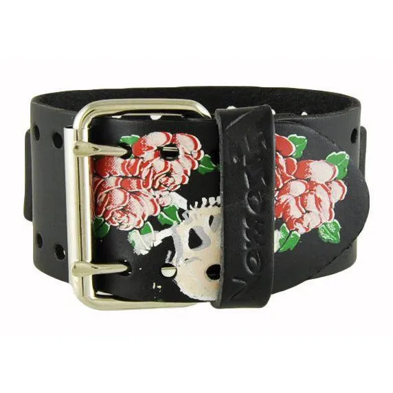 Skull and Roses Black Leather Ladies Cuff