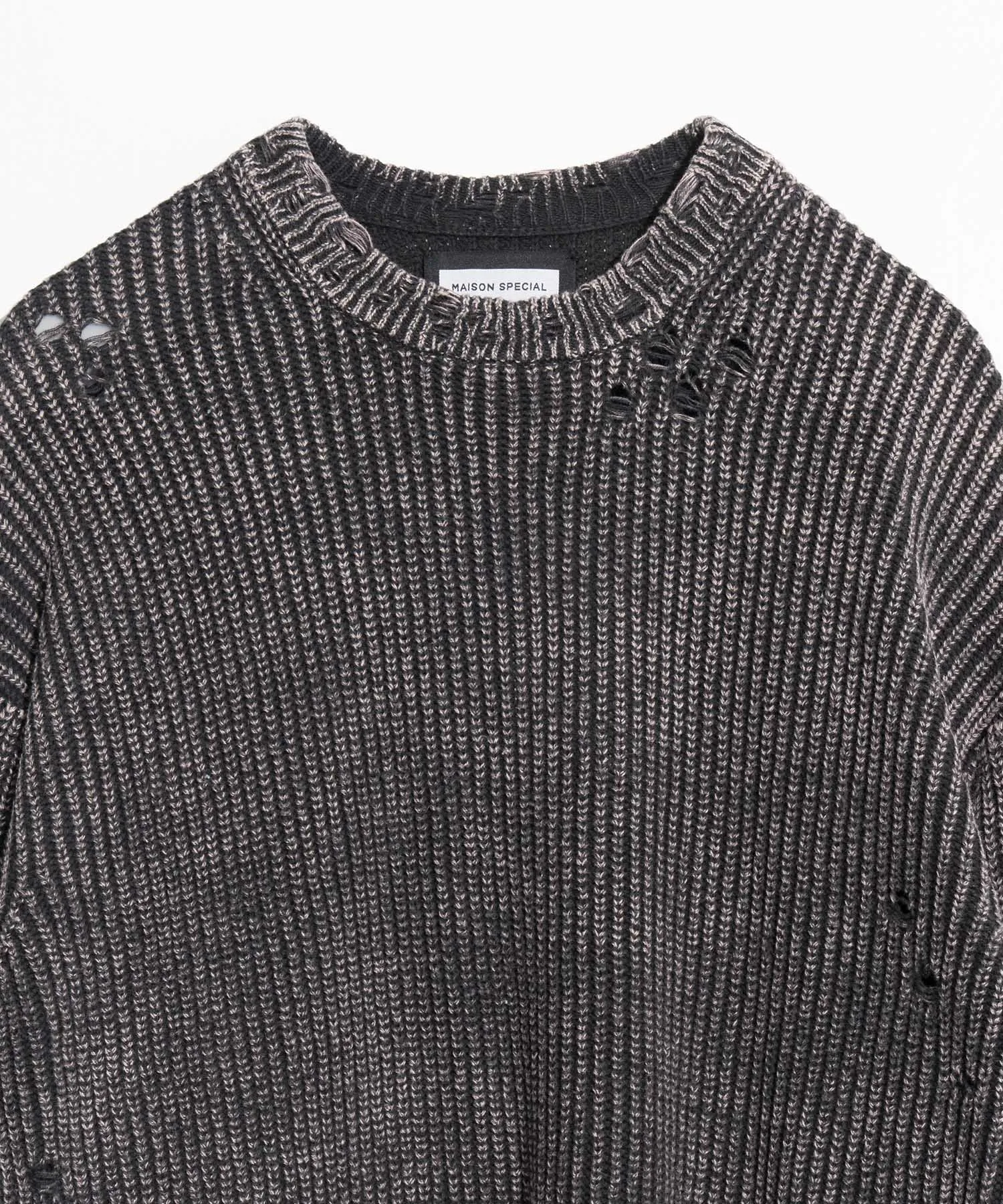 Snow Wash Damaged Prime-Over Crew Neck Knit Pullover