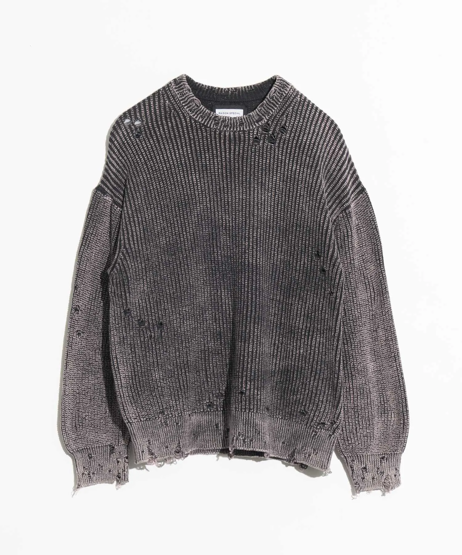 Snow Wash Damaged Prime-Over Crew Neck Knit Pullover