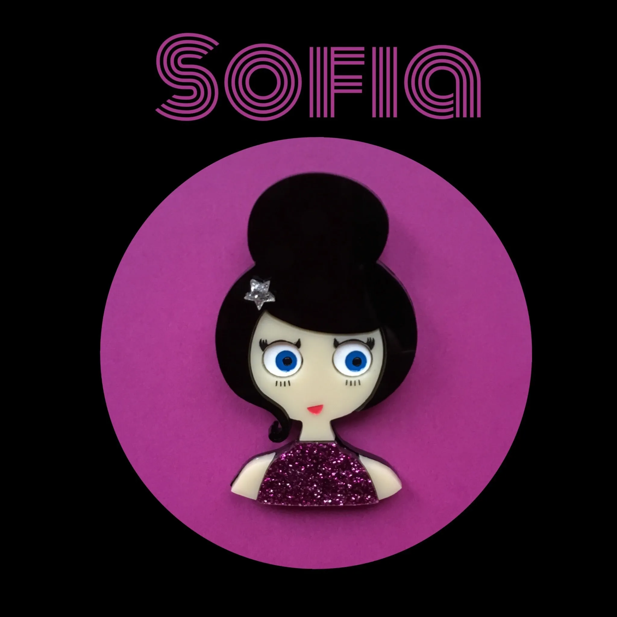 SOFIA Acrylic Brooch, pink glitter dress and silver star hair clip