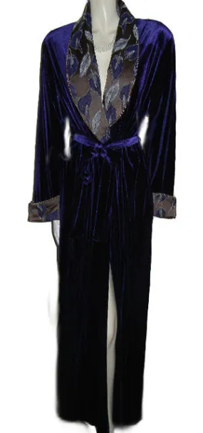 SOLD - NEW - GORGEOUS DIAMOND TEA LUXURIOUS WRAP-STYLE SPANDEX VELVET VELOUR ROBE IN AMETHYST WITH BROCADE APPLIQUE-LOOK FLORAL & LEAF COLLAR & CUFFS - SIZE MEDIUM - #2