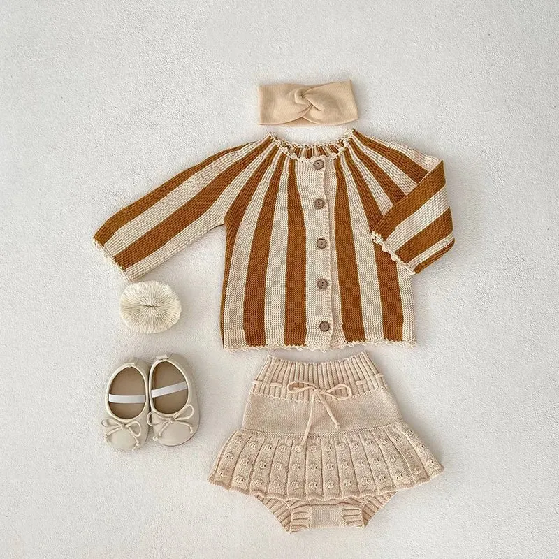 Stripe Knit Cardigan and Beige Bloomers Set for Girls