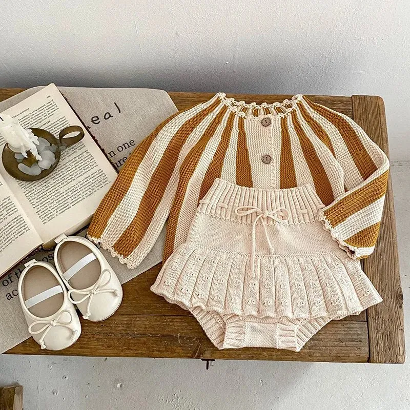 Stripe Knit Cardigan and Beige Bloomers Set for Girls