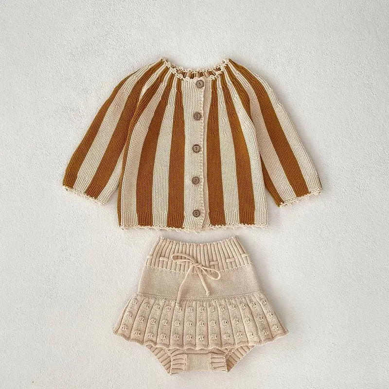 Stripe Knit Cardigan and Beige Bloomers Set for Girls