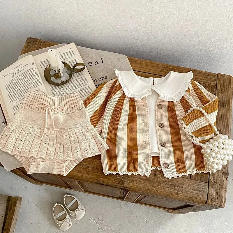 Stripe Knit Cardigan and Beige Bloomers Set for Girls