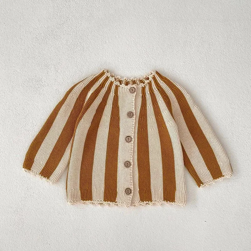 Stripe Knit Cardigan and Beige Bloomers Set for Girls