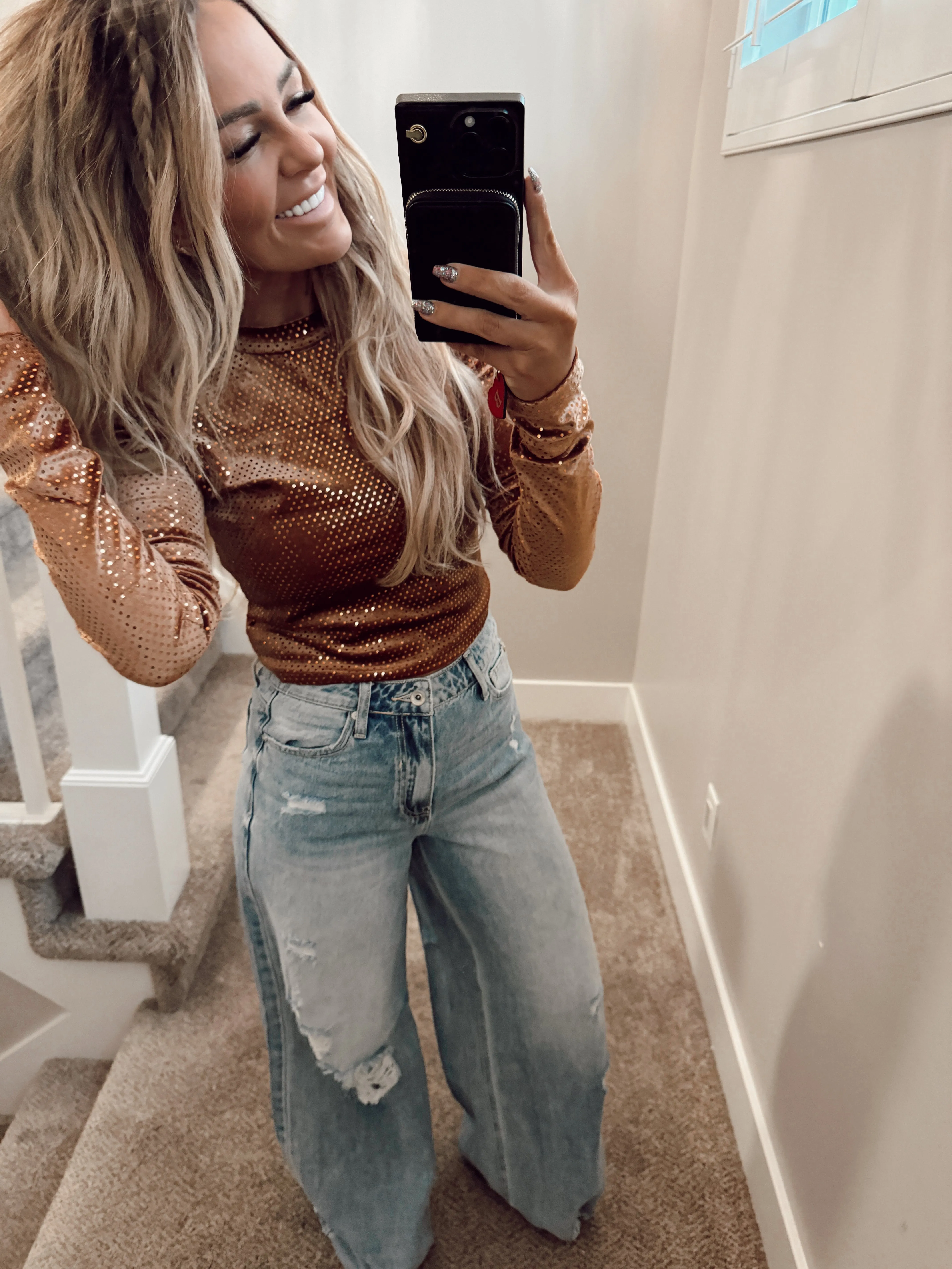 Tan velvet sparkle top