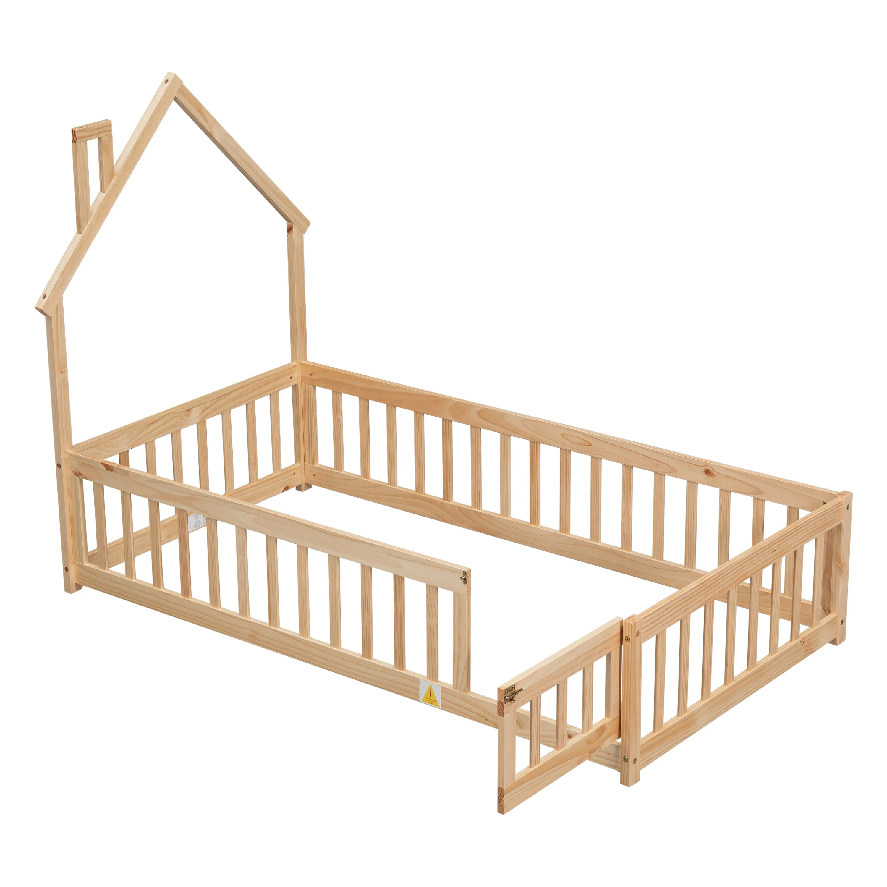 Twin House-Shaped Headboard Floor Bed with Fence Natural