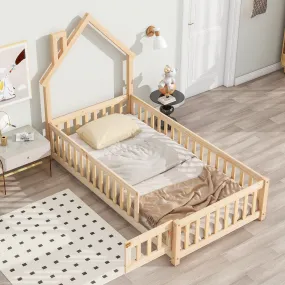 Twin House-Shaped Headboard Floor Bed with Fence Natural