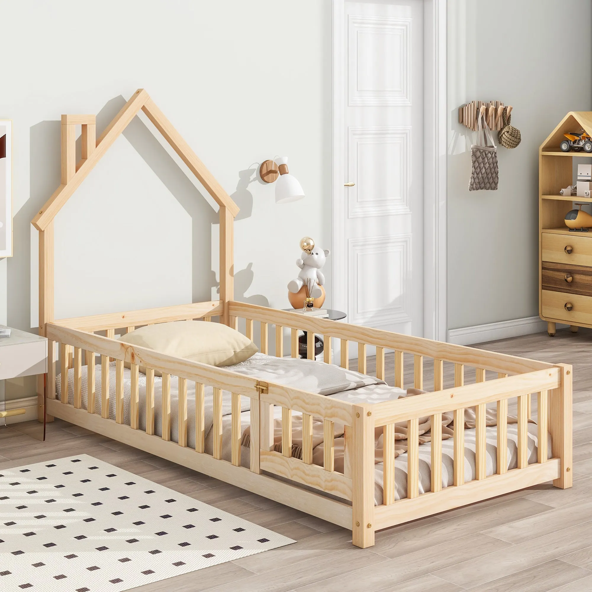 Twin House-Shaped Headboard Floor Bed with Fence Natural