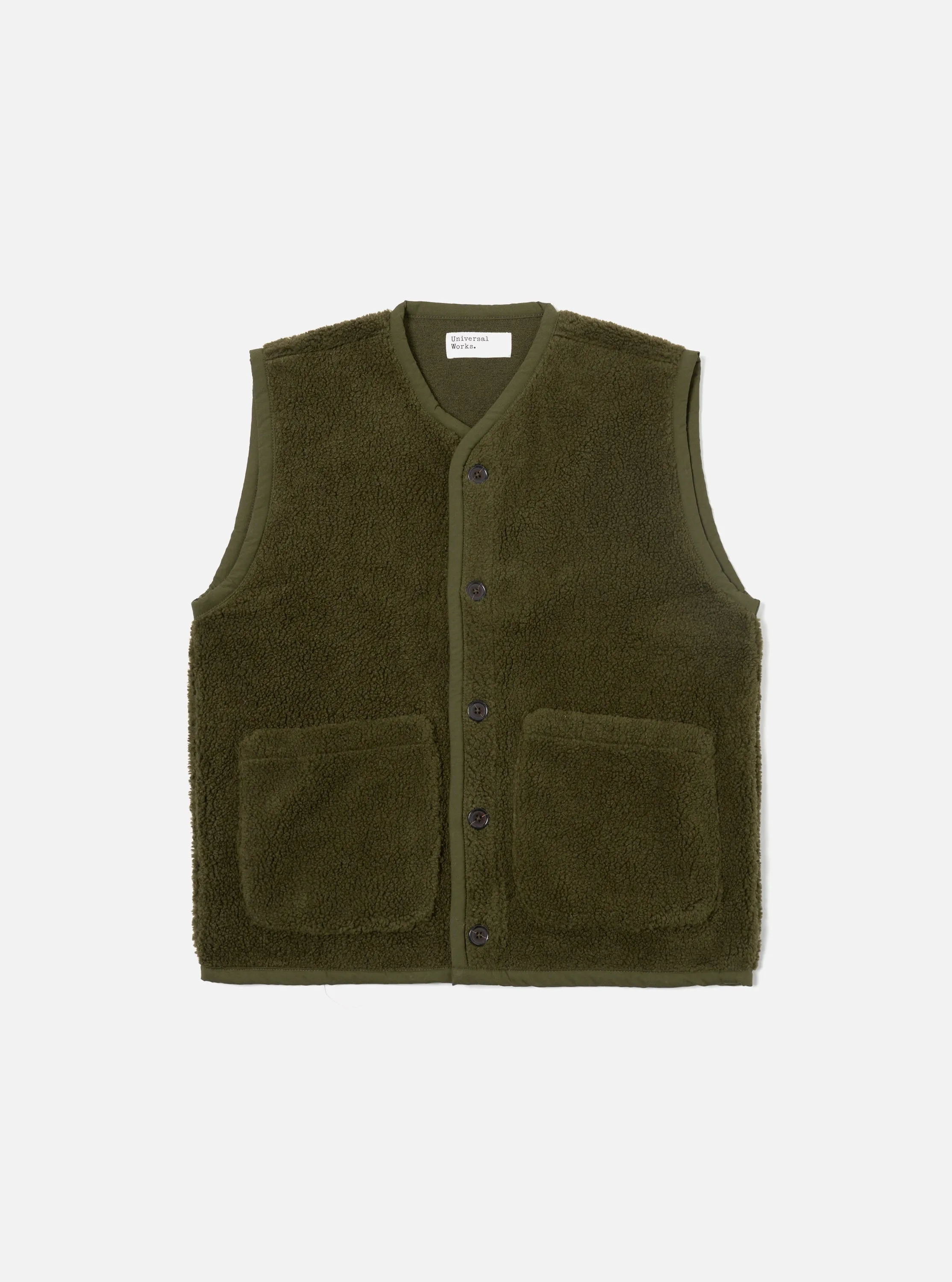 Universal Works Lancaster Gilet in Olive Mountain Fleece