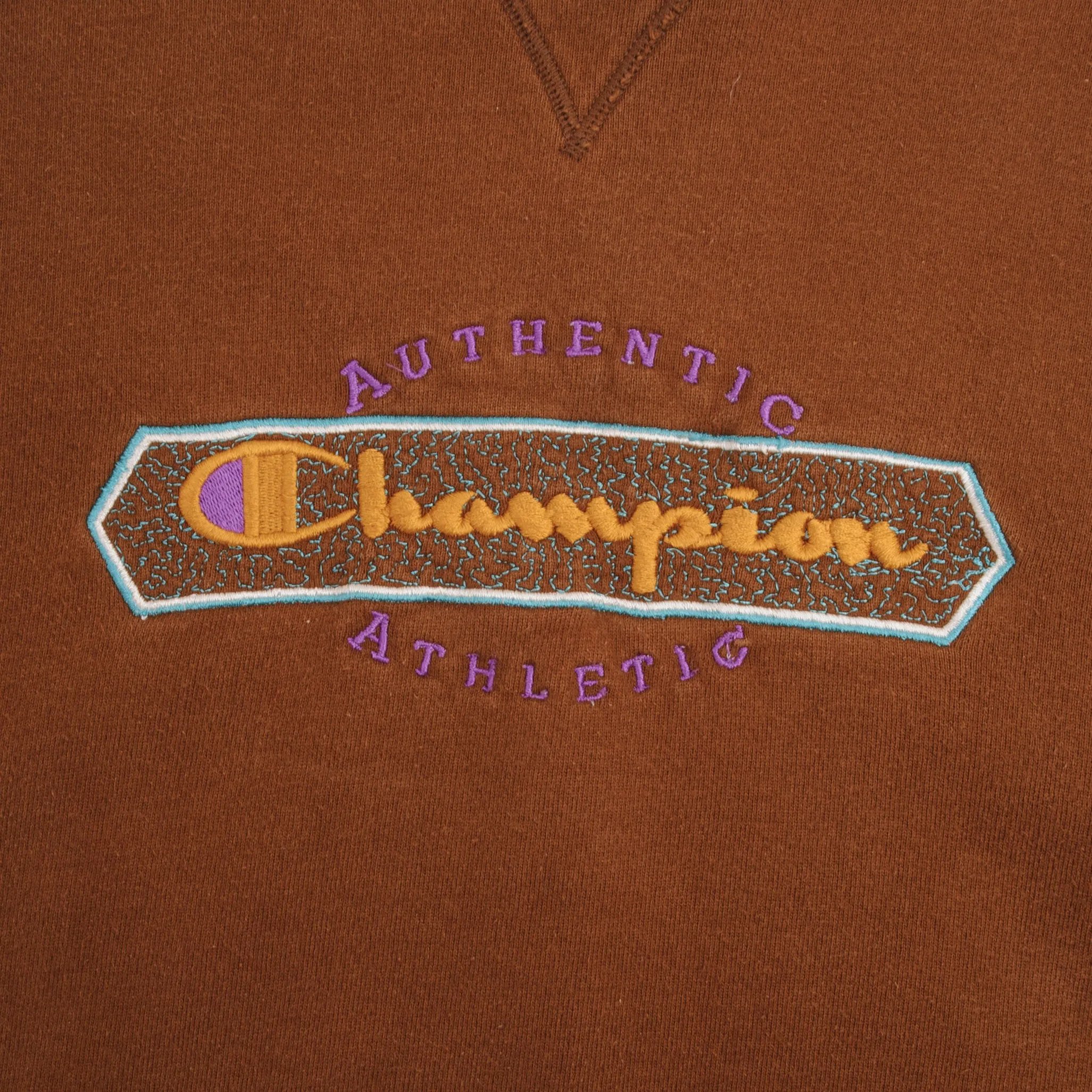 VINTAGE CHAMPION EMBROIDERED SPELLOUT BROWN SWEATSHIRT 1990S SIZE LARGE