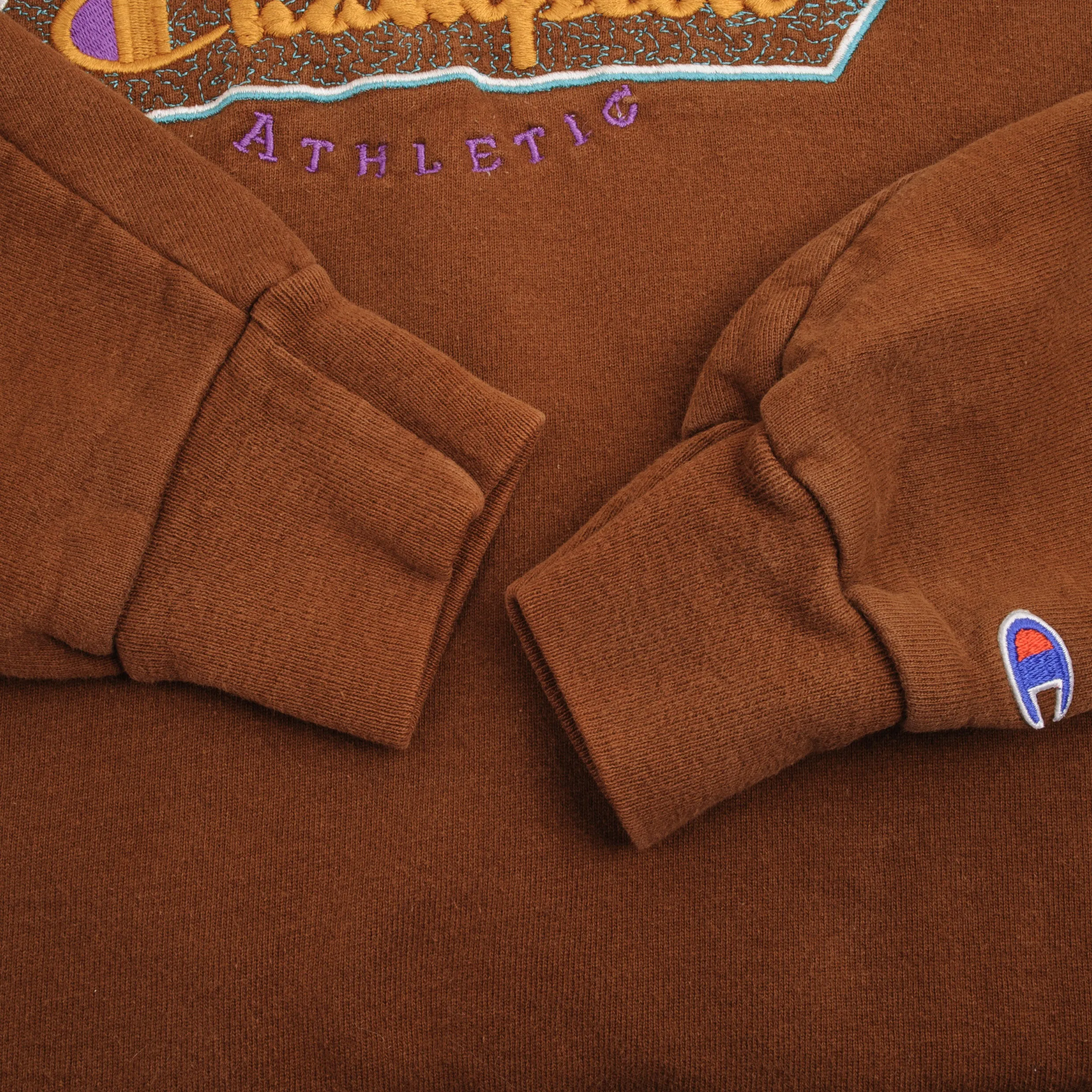 VINTAGE CHAMPION EMBROIDERED SPELLOUT BROWN SWEATSHIRT 1990S SIZE LARGE