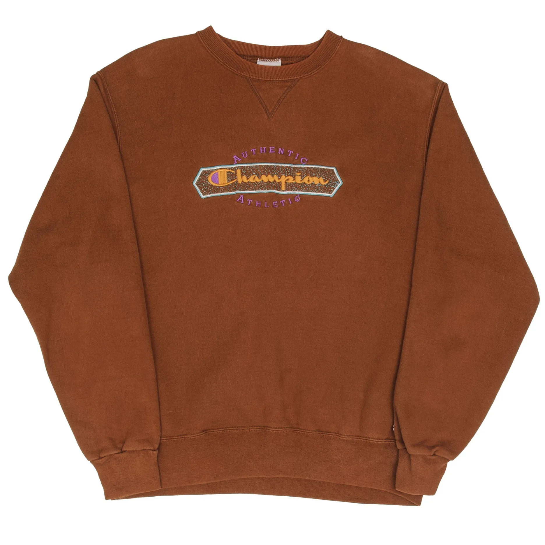 VINTAGE CHAMPION EMBROIDERED SPELLOUT BROWN SWEATSHIRT 1990S SIZE LARGE