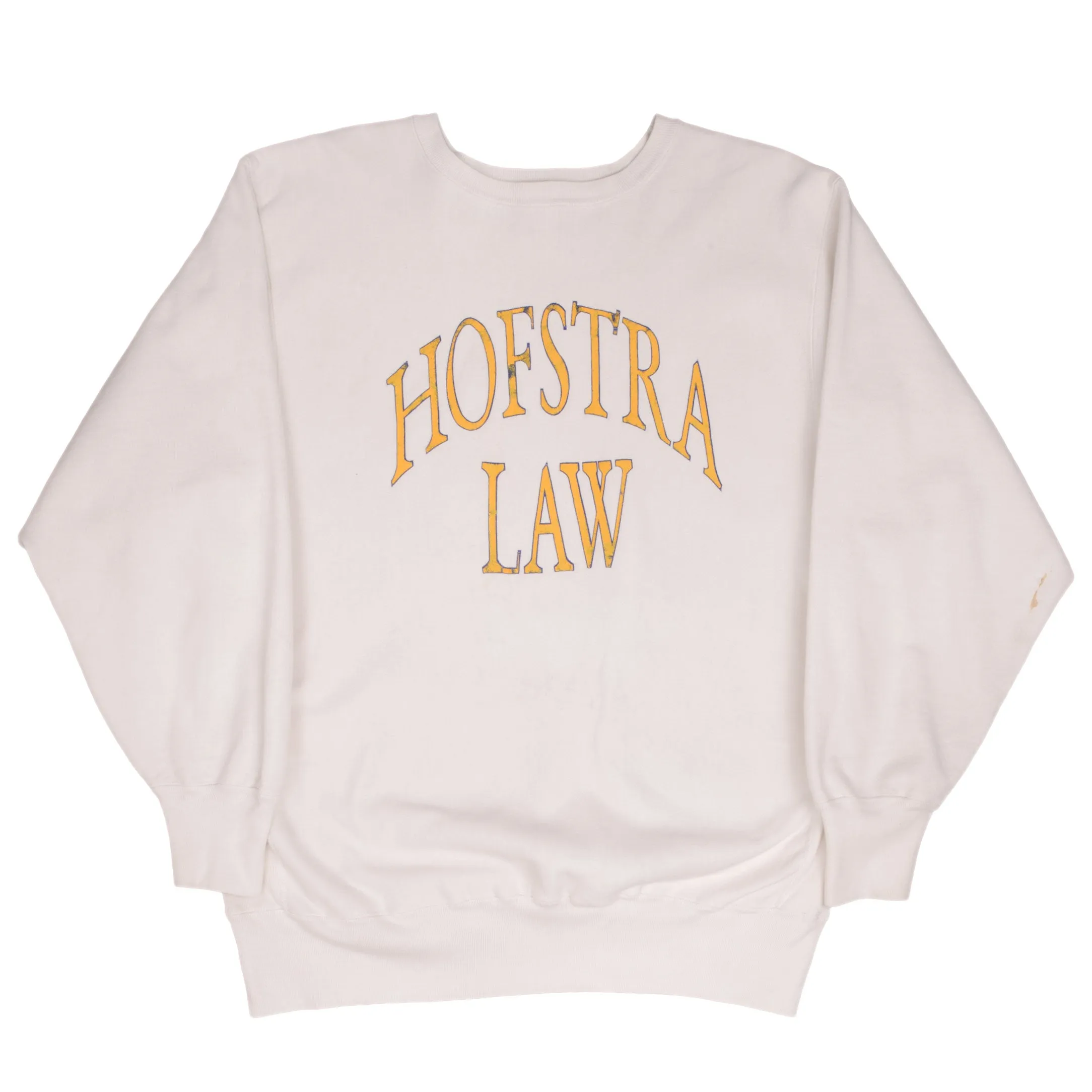 VINTAGE CHAMPION REVERSE WEAVE HOFSTRA LAW  WHITE SWEATSHIRT 1980S XL MADE USA