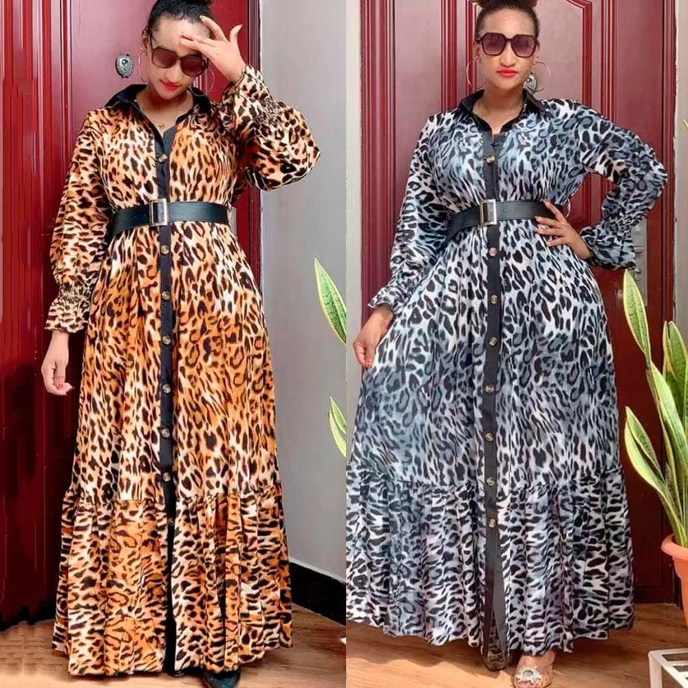 Wild Safari Chic: Plus Size African Print Leopard Maxi Dress with Fashion Abaya