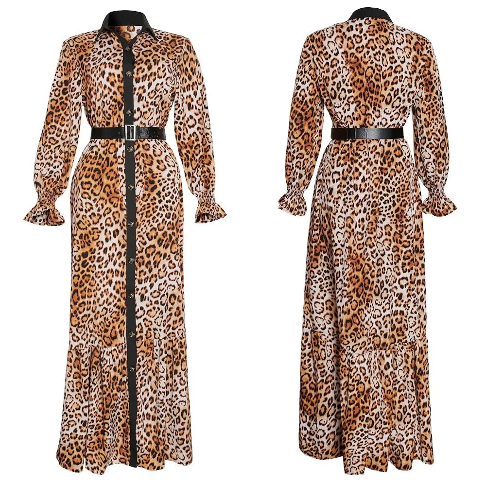 Wild Safari Chic: Plus Size African Print Leopard Maxi Dress with Fashion Abaya