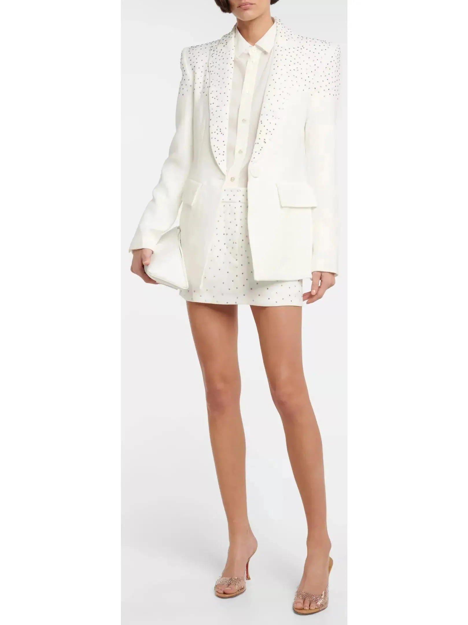 Women’s Crystal-Embellished Jacket and Skirt Set, White