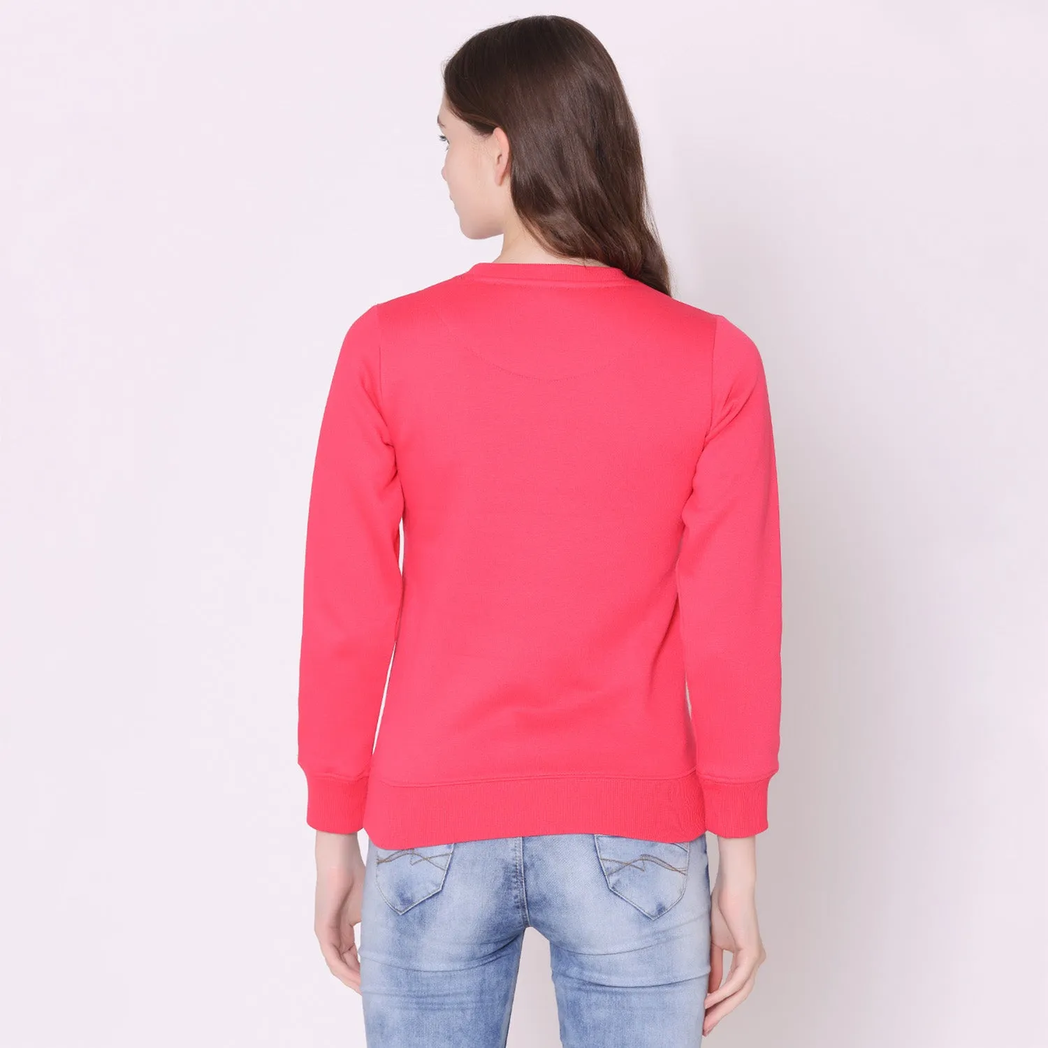 Women's Plain Round Neck Full Sleeve Sweatshirt - Bright Rose